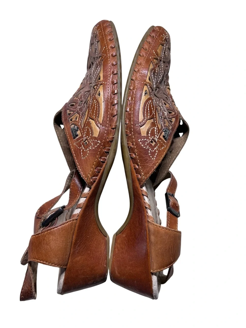 Pikolinos Leather Laser Cut Wedge Shoes Brown Ankle-Strap Sandals 41 Women’s